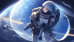 Female Astronaut looking out into space from a small window on her spaceship, in the style of Perfect Blue, Somber, beautiful planets, stars, inside of the spaceship, viewing from behind