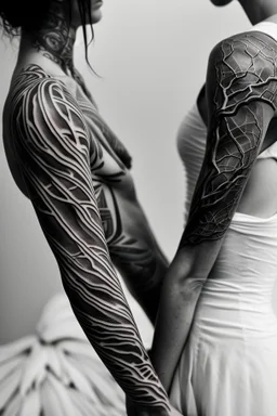 Multiple entanglements between a twisted thin piece of cloth as part of many twisted and spiraling branches disappearing into the distant mist, epic photo, 2 beautiful lovers are embracing, stunning tattoos that intwine with eachothers tattoos,sharp on highly detailed skin with wrinkles and high contrast, photorealistic, explosion of extacy,4K, 3D, realism, hyperrealism, detail, good lighting, detailed texture, modern photography style, 3D, 4D, 4K