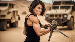 beautiful caucasian female technician, black tank top, well toned muscles, weathered face, scratched sand camo metal details, short brunette wavy bob haircut, dystopian, desert scene, pulling a knife