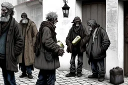 A group mature homeless street cats with worn out clothes, standing in a corner on the street, holding wine bottles in their wings , Vienna, mourning, model style, hyper realistic, extremely accurate, delicate, extremely detailed, Graphic novel style, wide-angle, open aperture, superfine pencil