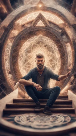 smoking swirl,mandala style framed playing card illustration, close up portrait of a harp man sitting atop a house of cards, arms stretched up, posing for photo shoot in stairs and bridges woven into a sacred geometry , bokeh like f/0.8, tilt-shift lens 8k, high detail, smooth render, down-light, unreal engine, prize winning