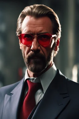 an muscular and menacing Hans Gruber wearing red-tinted glasses