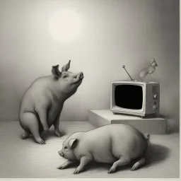 pig watching a tv about video game persona with a rabbit playing music beksinski style