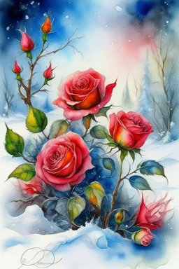 magic Winter landscape, blooming roses in the snow. Jean-Baptiste Monge style, watercolor, ink. Picturesque and colorful. Bright colors of the ring exquisitely luxury chic aesthetics photo harmony professional photo 64K pixel graphics high detail bright lighting