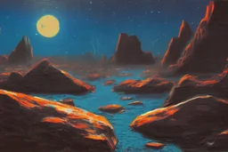 Rocks, night, 2000's sci-fi movies influence, otto pippel impressionism painting