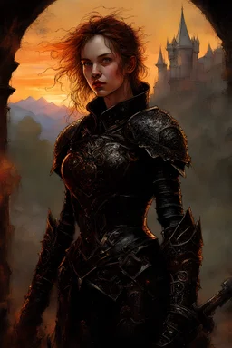 A formidable warrior girl in black armor, on the background Amazing gloomy landscape, flooded with sunset, mountains, trees, fabulous scary hero, , juicy emotions, painting, dark fantasy, gloomy day, dark world, portrait, Gothic Town At Night, Fantasy, Intricate Details, Castle Courtyard Gardens, Hyper Detailed, Jean Baptiste Monge, Carne Griffiths, Michael Garmash, Seb Mckinnon, Masterpiece