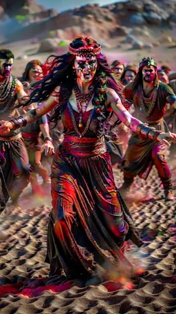 a woman in blood warring black in the desert surrounded by men and women through stones on her.