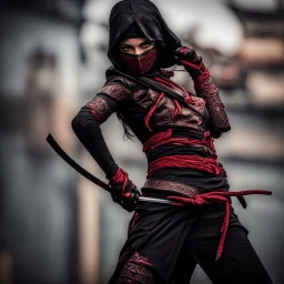 Behold the powerful alluring and pretty ninja woman, her body adorned with the traditional ninja costume, HDR, beautifully shot, hyperrealistic, sharp focus, 64 megapixels, perfect composition, high contrast, cinematic, atmospheric, moody