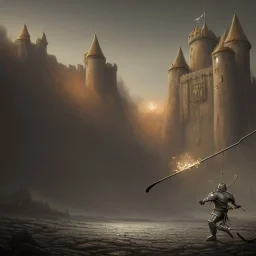 a Midieval knight in metallic gold and grey battle armor, attacking and holding a hockey stick, a highly detailed illustration, background of Inka castle, realistic render, in style of tomasz alen kopera,