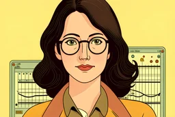Wes Anderson cartoon of a dark haired and brown eyed woman who is a feminist and loves coding and designing websites