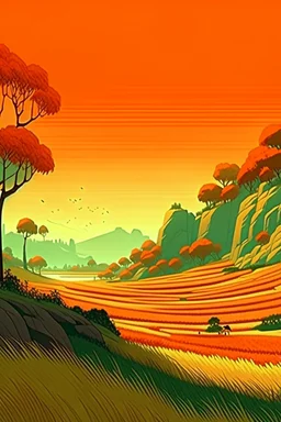 Rice field，Trees，Warm color palette，Animation，cliff