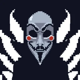 18 bit pixelart of a shadow figure with a white smooth wide smiling mask fawkes