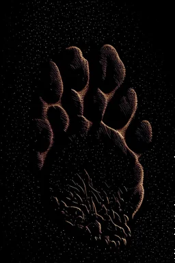 Striking image of a lion paw print, sandblasted special effect, standing out on a black background