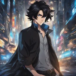 (masterpiece), (anime style), award winning, close up, centered, Instagram able, looking toward camera, dynamic pose, messy black hair, young man, blue eyes, modern intricate background, dynamic lighting, depth of field, ultra detailed, (epic composition, epic proportion), 2D illustration, professional work, black clothes