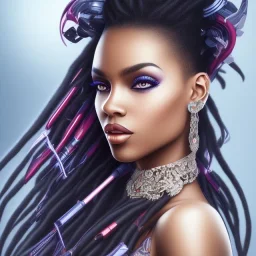 portrait of a beautiful black woman, with dreads, blue eyes, silver skin, colorful hair,