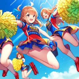 Clear focus,High resolution, three girls, wearing a cheerleader outfit, smiling, jumping, hair flowing