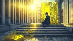 Head of a scared man sitting on a barren grey concrete landscape divided into architectural floors. Stairs between floating floors outside. Windows, Golden fragments, Glow, Glare, Gothic architectural elements. Mouth acting as an entrance door. Golden hour, Tiny man walking around the building. Reminiscent of MC Esther and Magritte.