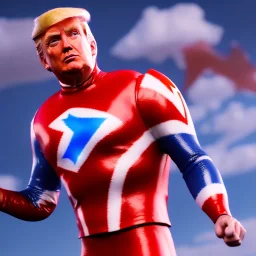 Realistic image of Donald trump super hero, retro style, watchmen style, red white blue colors, white stars, suspenders, latex material, 80s, vibrant color, highly detailed, sky background, concept art, unreal engine 5, god rays, ray tracing, RTX, lumen lighting, ultra detail, volumetric lighting, 3d, finely drawn, high definition, high resolution.