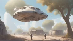 Small, sleek cargo spaceship, built like a teardrop, landing in an empty ruined alien street, blue sky, foliage