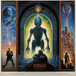 what god wants, its only Dogma the alien prophet cried, voodoo shrines, surrealism, modern complex movie poster art by Drew Struzan, by John Stephens, bleeding deep colors, detailed matte oil painting, olpntng style.