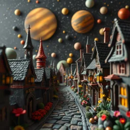 Detailed street made of modeling clay and felt, village, stars, galaxy and planets, black sun, volumetric light, ZBrush, Max Ernst, flowers, naïve, Tim Burton, strong texture, extreme detail, Yves Tanguy, decal, rich moody colors, sparkles, Harry Potter, bokeh, odd