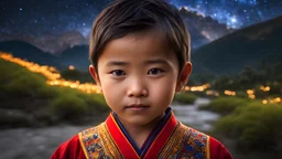 little very young Bhutan boy, handsome, peaceful, gentle, confident, calm, wise, happy, facing camera, head and shoulders, traditional Bhutan costume, perfect eyes, exquisite composition, night scene, fireflies, stars, Bhutan landscape , beautiful intricate insanely detailed octane render, 8k artistic photography, photorealistic concept art, soft natural volumetric cinematic perfect light, chiaroscuro, award-winning photograph, masterpiece, Raphael, Caravaggio, Bouguereau, Alma-Tadema