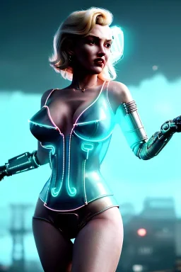 Ultra Realistic image, portrait, blonde woman, sweet Marylin Monroe face, perfect iris, glow eyes, glow makeup. Cyborg, Cyberpunk style, latex coat, yakuza tattoos body. fog, rain, soft color, highly detailed, unreal engine 5, ray tracing, RTX, lumen lighting, ultra detail, volumetric lighting, 3d, finely drawn, high definition, high resolution.