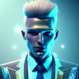 Handsome man cosmic, glitter and light blue and white suit with stripes, blond hair, piercing eyes, cinematic lights, octane render, unreal engine 5, 4k, focus details