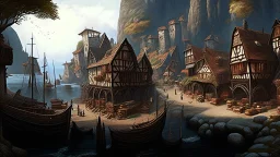 gothic medieval village at foot of cliffs, wooden harbour, shops, inn, taverns, houses, people, trees