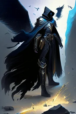 A commander with a black cloak and a long coat with long combat boots and a long spear with his Helmet is golden under his cloak like assasins With a magical power in his hand and a white anklet and boots With blue flame eyes,It has two black wings on its back,Standing on top of a rock