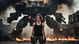 beautiful slender caucasian female technician with a knife, black tank top, well toned muscles, weathered face, scratched sand camo metal details, short brunette wavy bob haircut, dystopian, postapocalyptic city scene with smoke and explosions. giant robot in the background