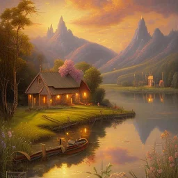 An exquisite oil painting capturing a dreamlike paradise, with a charming little farmhouse nestled by a calm lake. The farmhouse, with its rustic appeal, contrasts against the serene water, surrounded by a lush, verdant forest and rolling hills. The background unfolds into a dramatic landscape, featuring towering mountains and a stunning sunset sky that casts warm, vibrant hues across the scene. The artist's mastery is evident in the seamless blend of traditional oil painting techniques with the