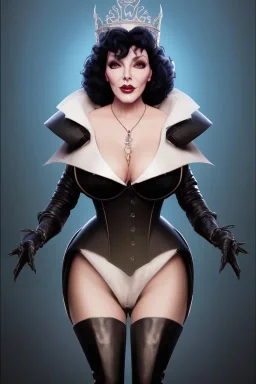 Joan Collins as evil queen in black leather, leather, busty, cleavage, angry, stern look. character design by cory loftis, fenghua zhong, ryohei hase, ismail inceoglu and ruan jia. unreal engine 5, artistic lighting, highly detailed, photorealistic, fantasy