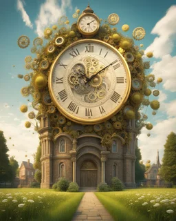 Create a 3d fractal base huge clock on a beautiful tower in a modern town with country houses and green field flowers , with see throgh golden gears rotating , showcasing a harmonious and synchronized movement. fast time passing in a beautiful nature environment