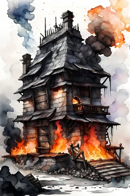 pathfinder building made of burning coal, ink wash and watercolor, 8k, ArtStation, DeviantArt