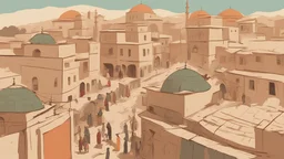 Ottoman era. heli shot. the alley Market. City. Cizîra Botan. Botan city. Turkey. animated history. vector. cartoon. Digital painting. minimal, Vector, Kurdish. color. minimal