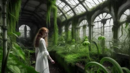 ABANDONED GREENHOUSE WHERE SOME CLIMBING AND CARNIVOROUS PLANTS STILL LIVE and A MYSTERIOUS LADY DRESSED IN WHITE