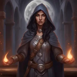 Generate a dungeons and dragons character portrait of a female elf with tan skin and dark hair, who is a cleric of the moon, celestial, white, silver and slate blue