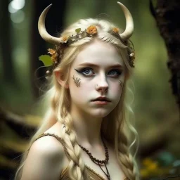 pretty girl, aged 19, blonde, conventionally attractive, dreamy, faun, satyr, tribal