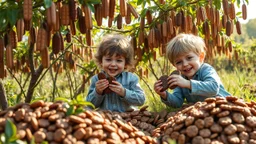 Young children harvesting chocolate biscuits from biscuit bushes, bushes are laden with all kinds of chocolate biscuits hanging from the branches, happy, delighted, piles of biscuits, sunshine, octane render, 16k post-production, artstation: award-winning: atmospheric: commanding: clarity: ultra quality: striking: brilliance: stunning colors: amazing depth; lens: f/16, 28mm