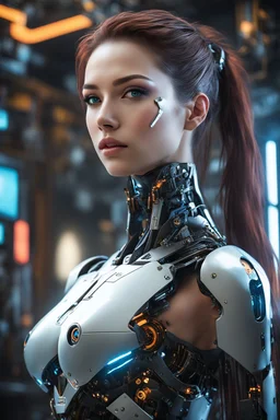 Halfbody Photography 4k masterpiece, incredible depth, cinematic dynamic lighting, sharp focus, high resolution, high quality, outstanding visual masterpiece, flawless rendering, fine detail, extremely realistic masterpiece))), ((((a beautiful robot woman with exposed machinery and circuitry, hanging out in a cyberpunk workshop, elegant machinery, glowing circuitry on skin)))), (((perfect face, proportionate face, beautiful features, unbelievable detail, award-winning art))), (((luminous round e