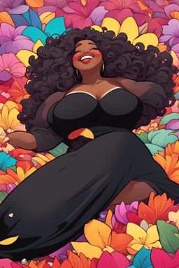 A sassy thick-lined vibrant cartoon art style cartoon black female lounging lazily on her side, surrounded by colorful large flower petals. her curvy body silhouette a black maxi dress. Looking up coyly, she grins widely, showing teeth. Her poofy hair forms a mane framing her confident, regal expression.