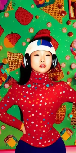 Photo Asian, thick thigh, thick calves. colors in 2023! Futurism, 90's, daft punk , turtle neck Printed Dots, plants.Mantle is sewed of recycled Denim and sewed together felt pieces and airy, big turtleneck.Big headphones, with gold rings, is merged with small felt cap with small visor. A bag is integrated to the mantle. Big camouflage Patterns are composed of orange, cream, cobalt blue, lilac and purple and warm colours. BAGGY LATEX. It is with big bright purple felt hood, tippet Apricot