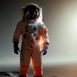 an astronaut in moon, full body, highly detailed, orange puffer jacket, 3d render