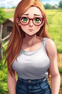 A portrait of a shy adult woman in her late 30's with long strawberry blonde hair, green eyes, red-rimmed glasses, pale skin, and freckles wearing a tank top and blue jeans. chubby, shy, farm setting, anime style, intricately detailed, high quality