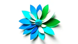 Minimalist paper cutout of a flower. Shapes are simples, abstract and geometric. Colors are vivid, electric blue, electric green and electric grey. White background.