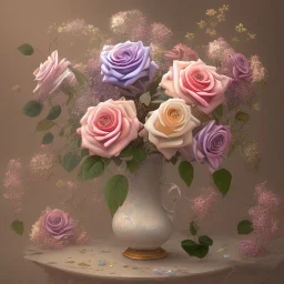 the most stunning, gorgeous, iridescent bouquet of roses with stem and leaves, muted rainbow colors, ultra-fine detail, 8k, sharp, crisp, decorative, high-quality, 3d, photoillustrative, realistic, rocco, detailed matte, selina french, anna dittmann, lisa parker, greg rutowski