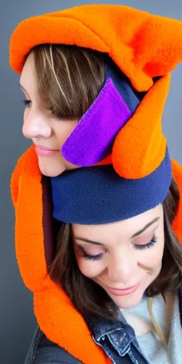 Brunette taking selfie.thick thighs,thick calves,flat belly,curvy fell. big head. Mantle is sewed of upcycled Denim and sewed together of camouflage pieces. Pieces' color are orange, cream and purple. It is with big bright purple felt tippet and redochre-colored-hood is merged with colorful beanie. Big colored headphones (gold rings!) is merged with small felt cap with small visor. Style: Haute Couture in 1950's Africa, N.Y.C fashion in 2023