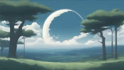 giant half transparent virtual moon, glitchy, blurry, maximum quality, centered on frame, far view, in the middle of a grassy hill, white sky with cumulonimbus, manga, makoto shinkai style