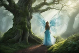 Fiona, the faerie, emerges from behind a gnarled oak tree, her presence as ephemeral as the wisps of mist that dance through the forest. She is a vision of ethereal beauty, her form petite and delicate, her wings barely noticeable—a pair of small, translucent appendages that flutter delicately as if they were made of gossamer. Her eyes, the color of emerald leaves kissed by the morning dew, sparkle with an ancient wisdom that seems to pierce through the very fabric of your being. But it is her w